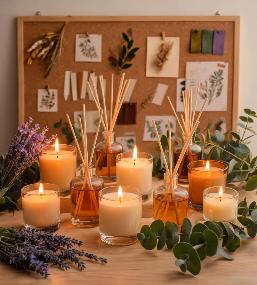 Layered candle and reed diffuser fragrance collection