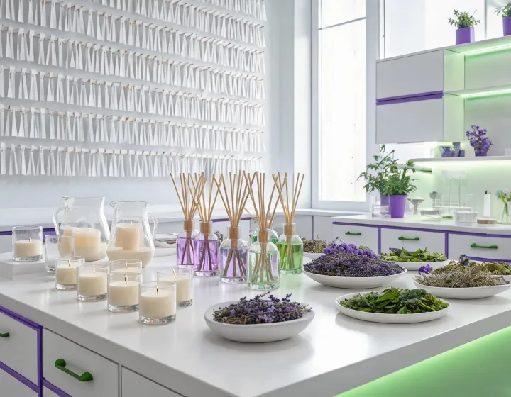 Fragrance maker studio with candle pours and diffuser trials