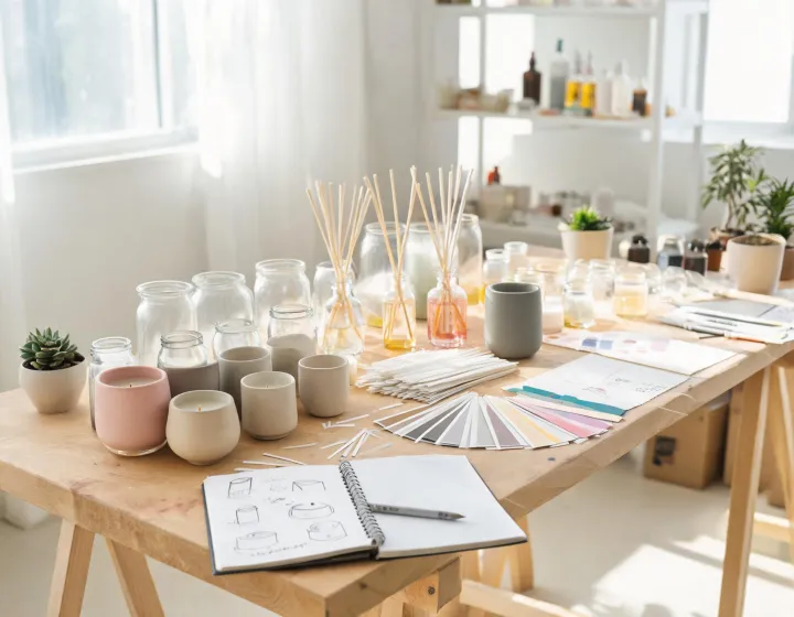 Fragrance planning table with candles and diffuser samples